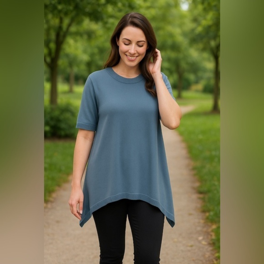 Dusty Canal Blue Knit Tunic | Handkerchief Hem, Polished Casual NWOT 2X #648
